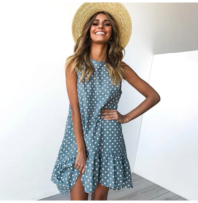 

2020 New Round-necked Sleeveless Polka-dot Skirt, Loose, Full-skirted Dress for Women Wave Point