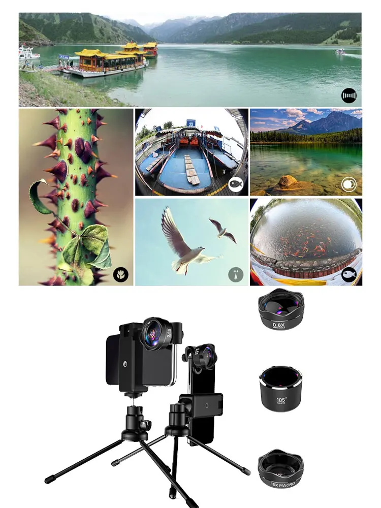 5-в-1 объектив для мобильного телефона Комплект 0.63X Широкий формат 185°Fisheye 15x макро