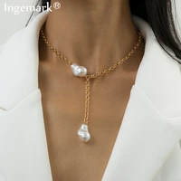 punk baroque pearl water drop pendant tassel necklace women wedding boho toggle clasp beaded lock chain aesthetic jewelry gift