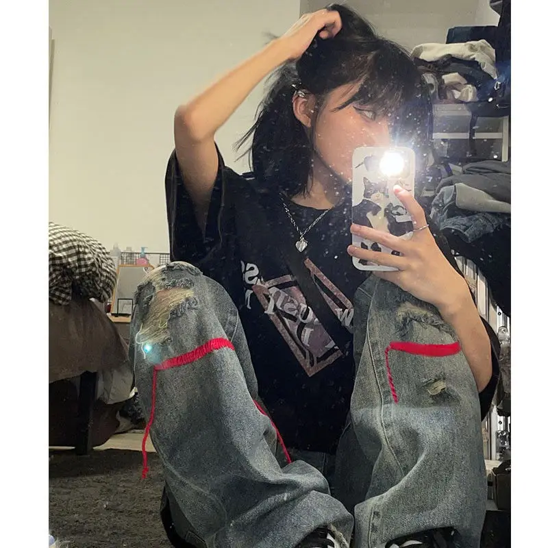 

Ripped jeans children's autumn thin section American hiphop retro streetwear straight casual pants high waisted jeans y2k pants