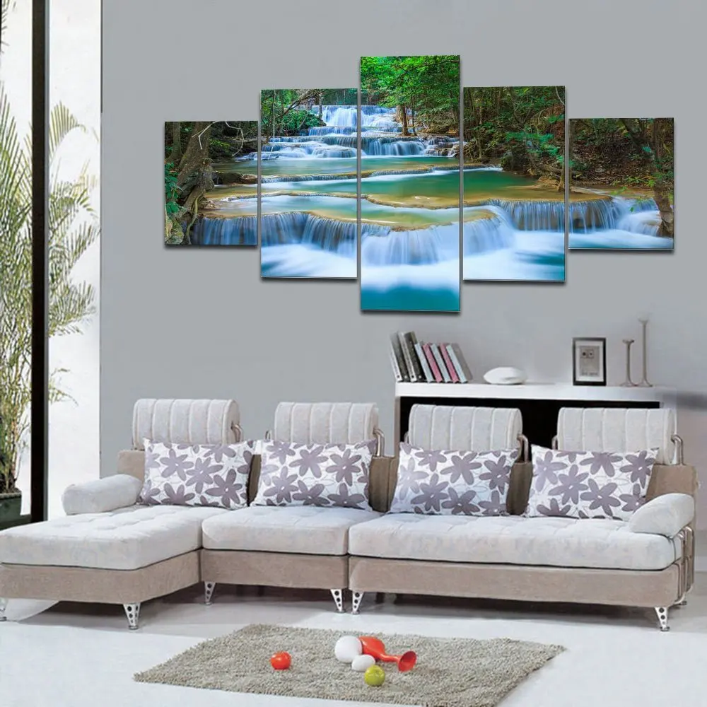 

Poster Modern 5 Panel Waterfall Green Ancient Tree Blue Water Landscape Canvas Painting Wall Art Print For Living Room No Frame