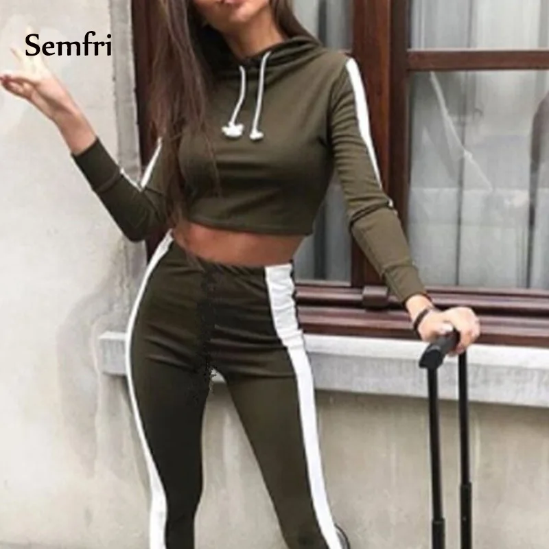 Женский спортивный костюм Semfri из 2 предметов, толстовка с капюшоном, укороченный топ, толстовки с капюшоном+ штаны в полоску по бокам, осенне-зимняя одежда, костюмы для активного отдыха