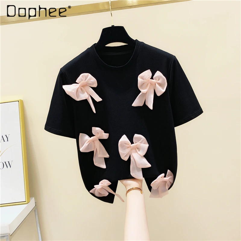 

2021 Summer Clothing New Cotton Bow Stitching Loose Short-Sleeved T-shirt Women's Half-Sleeved Shirt Fashion
