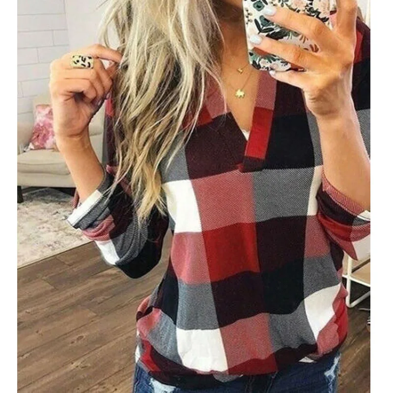 

2020 размера плюс с v-образным вырезом клетчатая рубашка с принтом женские осенние свободные топы с длинным рукавом элегантные женские офисны...