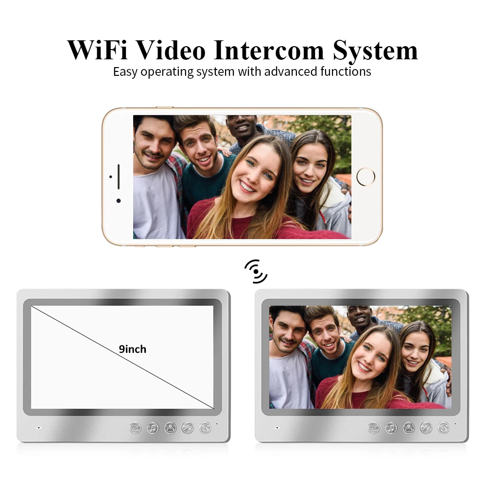 Домофон с видеозаписью и интеркомом через Wi-Fi на 9 дюймов с дверным звонком с RFID-отпечатком пальца и камерой широкого угла 120 градусов.