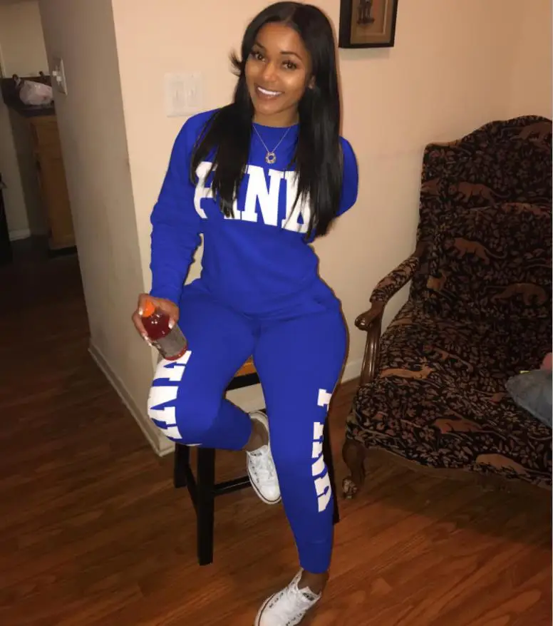 Pink Letter Print 2 Piece Set Women 2018 Long Sleeve Top And Pants Autumn Casual Tracksuit Sweat Suits Sweatshirt Outfit |