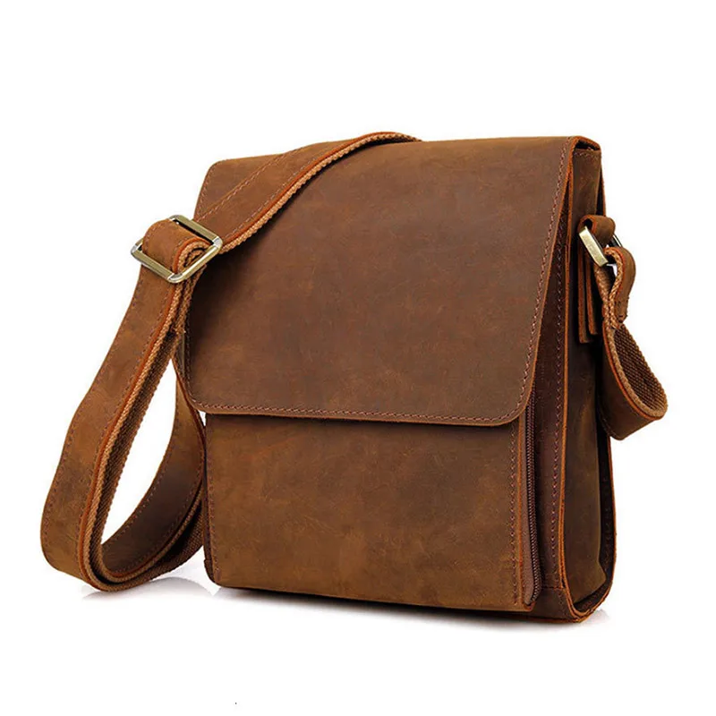 Men Crazy Horse Leather Messenger Bag Vintage Male Genuine Leather Crossbody Bag Men's Travel Tablet Shoulder Bag Handbag 2021