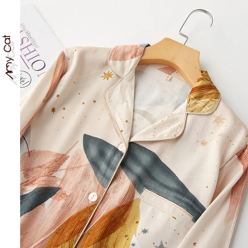 2020 Весна Новые атласная с принтом пижамный комплект из двух предметов длинными