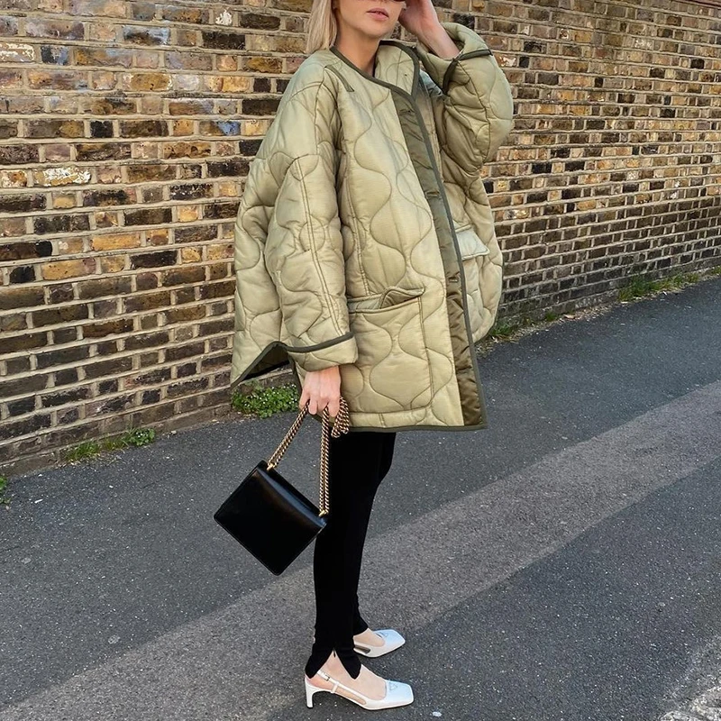 

2021 Winter Green Short Parka Women Casual Long Sleeves Collarless Coats Female Thick Pocket Warm Jacket Female Tops