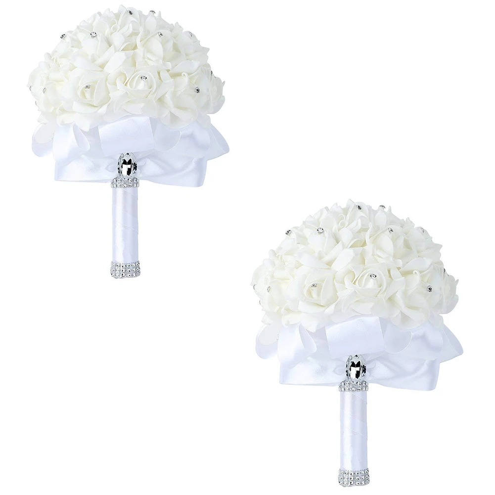 2 pcs White Хорошее качество дешевые PE розы невесты свадебные поролоновые цветы розы свадебный букет ленты поддельные свадебные букет de noiva - Цвет: 2 pcs White
