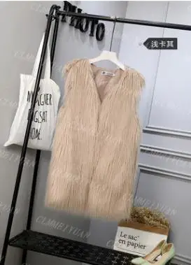 light khaki Новинка S/3Xl женские длинные жилеты из искусственного меха зима-осень пушистые меховые куртки без рукавов с v-образным вырезом Модные жилеты из искусственного меха J3047 - Цвет: light khaki