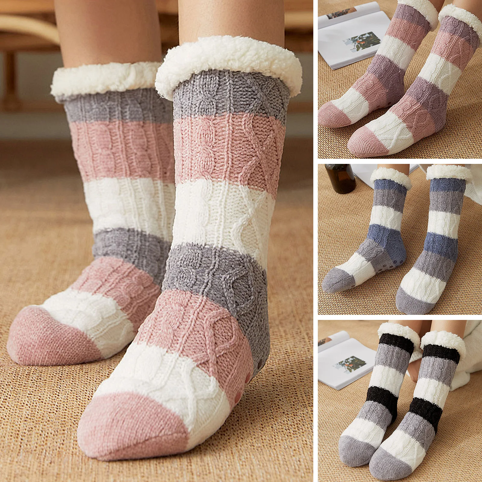 

Women Warm Socks Non-slip Stockings Stripes Winter Soft Cute Thick Floor Socks House Slippers