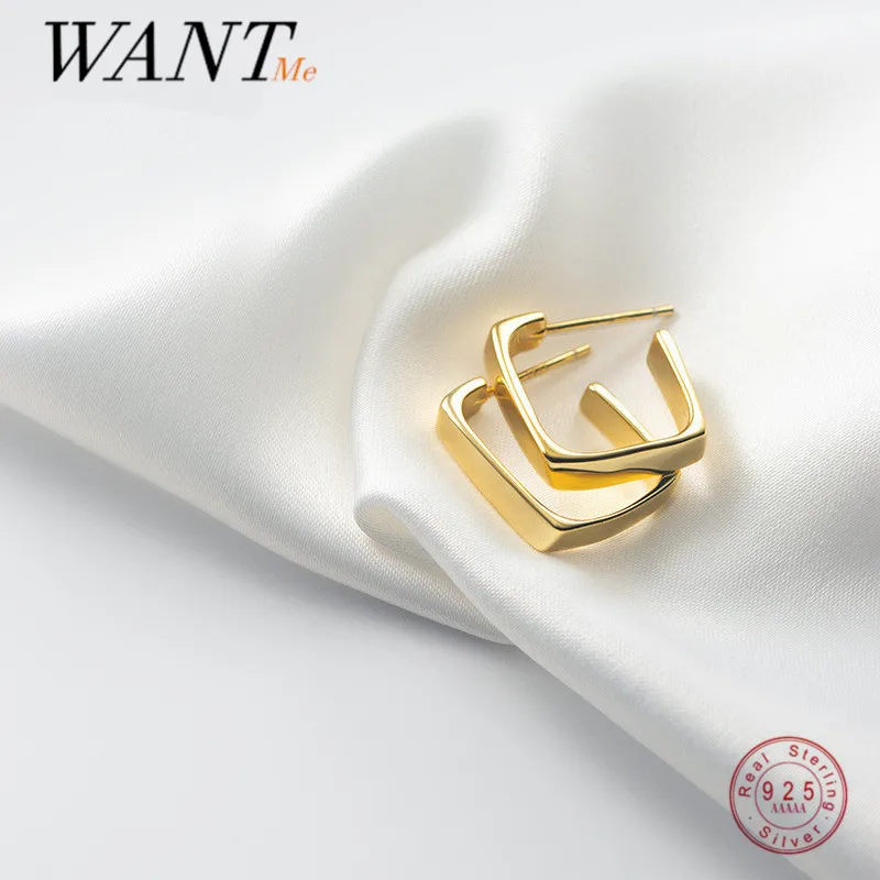 

WANTME 925 Sterling Silver Bohemian Simple Geometric Rock 18k Gold Ear Buckle for Women Glossy Square Stud Earrings Jewelry
