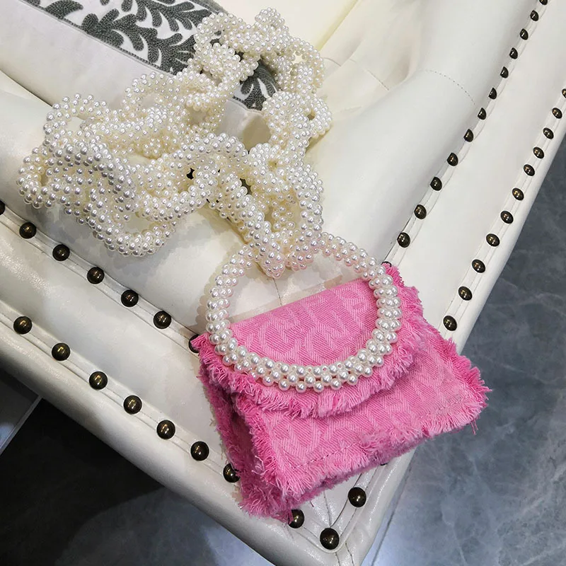 

Высококачественная Роскошная брендовая Новая модная подходящая ко всему Ретро сумка для губной помады джинсовая жемчужная цепочка мобиль...