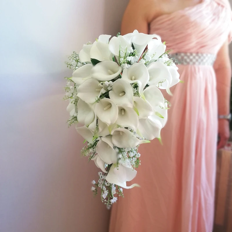 

New Wedding Collection Ivory Calla Lilies White Bell Orhid Bridal Bouquet Cascading flores de boda ponpa de hierva artificial