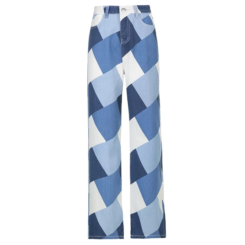 

Fashion street check color zipper button high waist wide leg denim trousers women