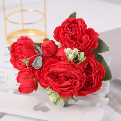 

30cm Rose Pink Silk Peony Artificial Flowers Bouquet 5 Big Head and 4 Bud Cheap Fake Flowers for Home Wedding Decoration indoor