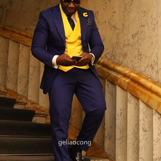 

Men's Suits Slim Fit 3 Pieces Sets Navy Blue Peak Lapel Designer Prom Suits Costume Homme Mariage Smocking for Wedding/Business