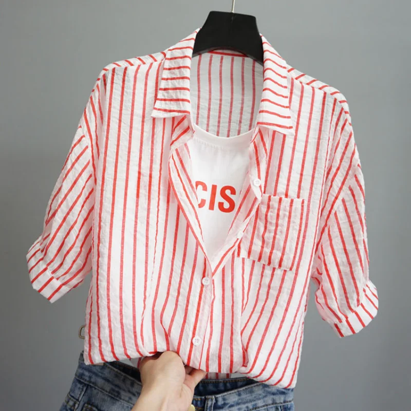2021 Summer Plaid Shirt Fake Two Piece Women's Blouse  Short Sleeved Shirt Vertical Stripes In Letters Korean Edition Shirt images - 6