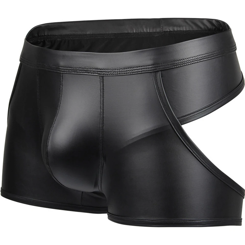 

Men's Sexy Imitation Leather Underwear Leaky Butt Boxer Briefs Nightclub Briefs Men's High Quality Hollow Out Boxer Briefs Comfy