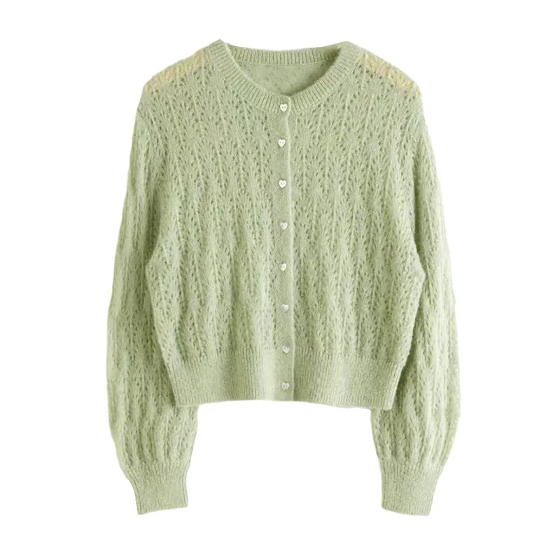 

Two Colors Women Cardigan O-neck Hollow out Spring Autumn Single Breasted Female Knit Sweater Coat