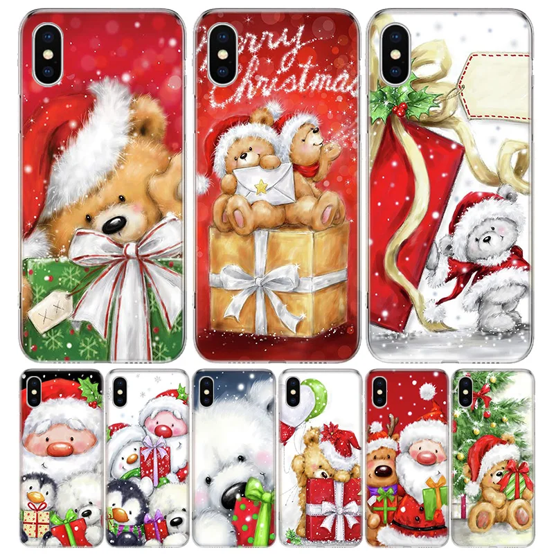 

Happy Christmas Cute Bear Gift Phone Case For iPhone 13 12 11 Pro Max 6 X 8 6S 7 Plus XS XR Mini 5S SE 7P 6P Pattern Cover Coque