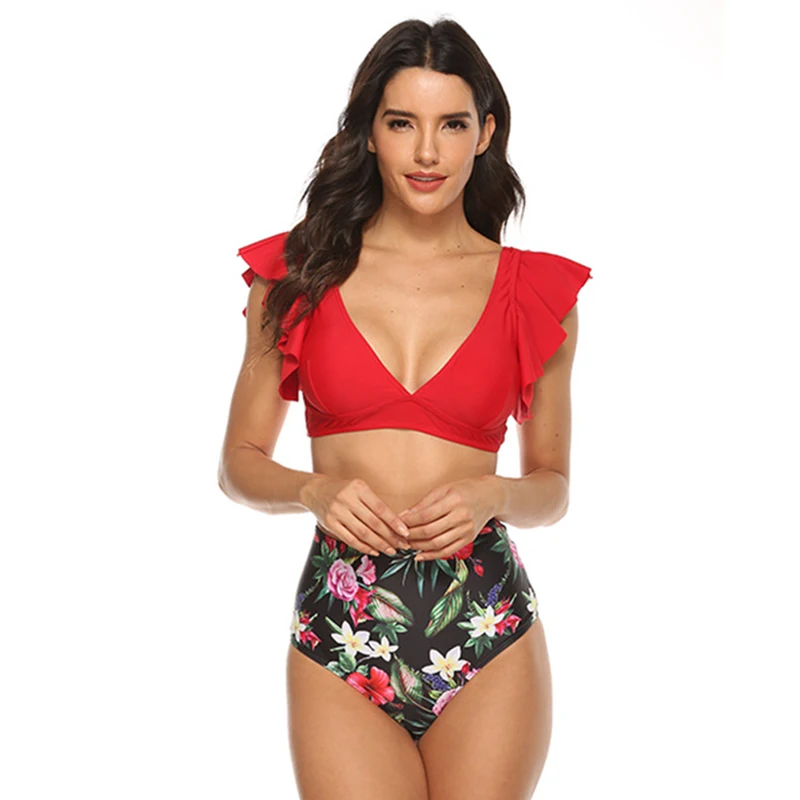2021 Women Two Piece Swimsuit V Neck Ruffled Bikini Top High Waisted Ruched Bottom Sexy Print Bikini Set Push Up Swimwears