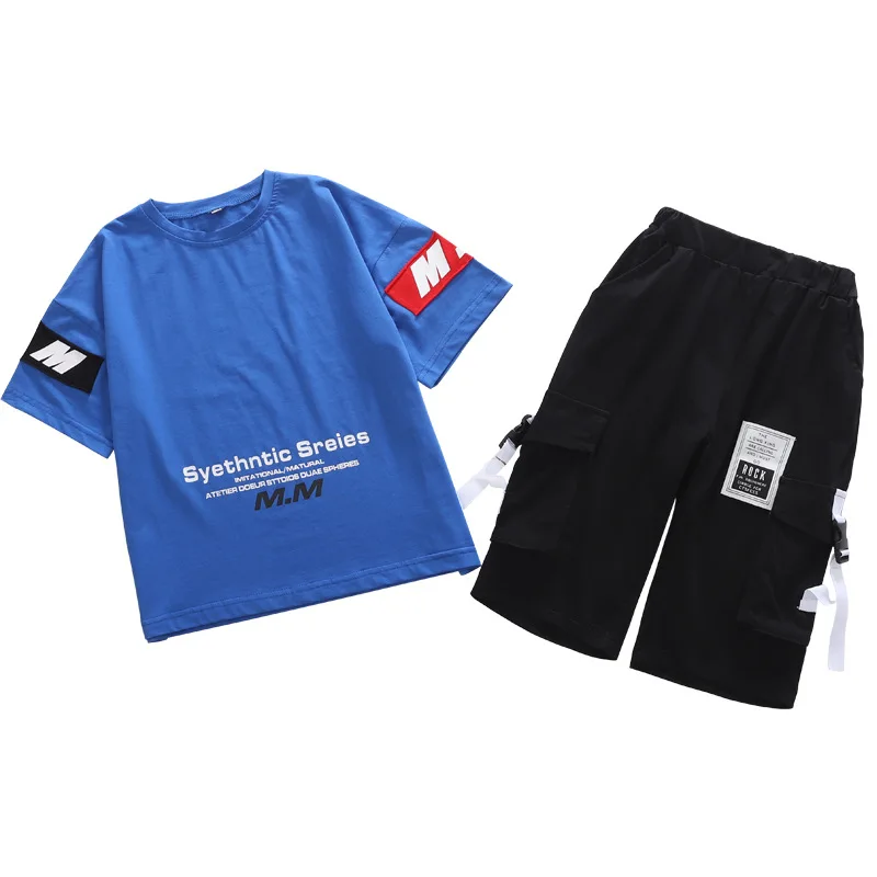 

Спортивный костюм для мальчиков, футболка с коротким рукавом и шорты с мультяшным алфавитом, хлопковый Повседневный Спортивный костюм из д...