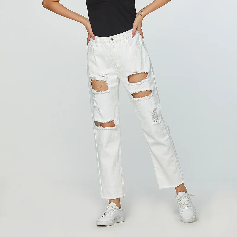 

Ripped casual white women's denim straight-leg pants