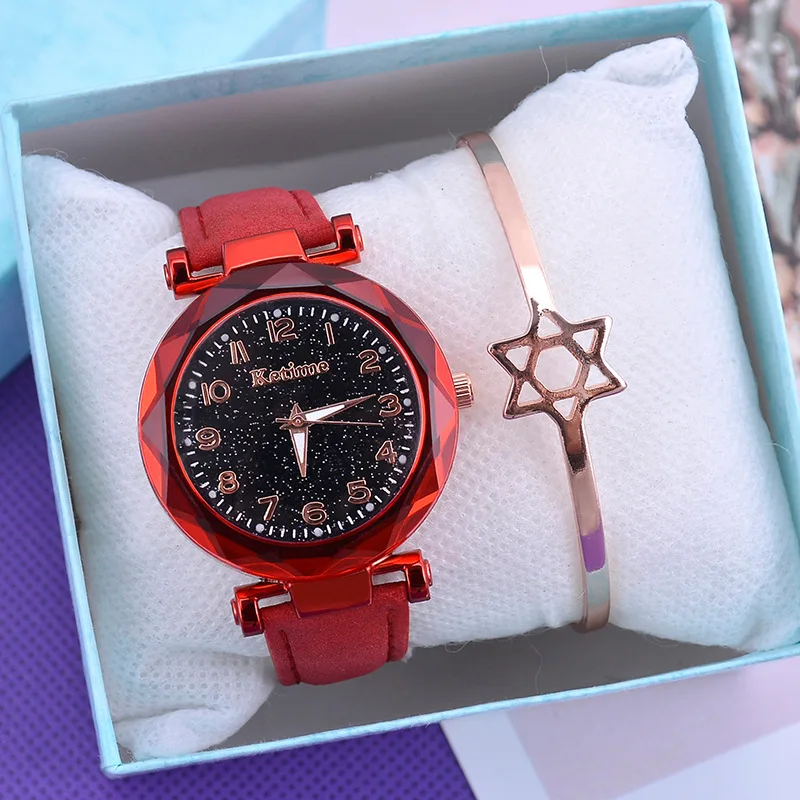 Red no bracelet Модные женские часы Звездное небо, лидер продаж, кожаный браслет, кварцевые наручные часы, повседневные женские часы, Relogio Feminino - Цвет: Red no bracelet