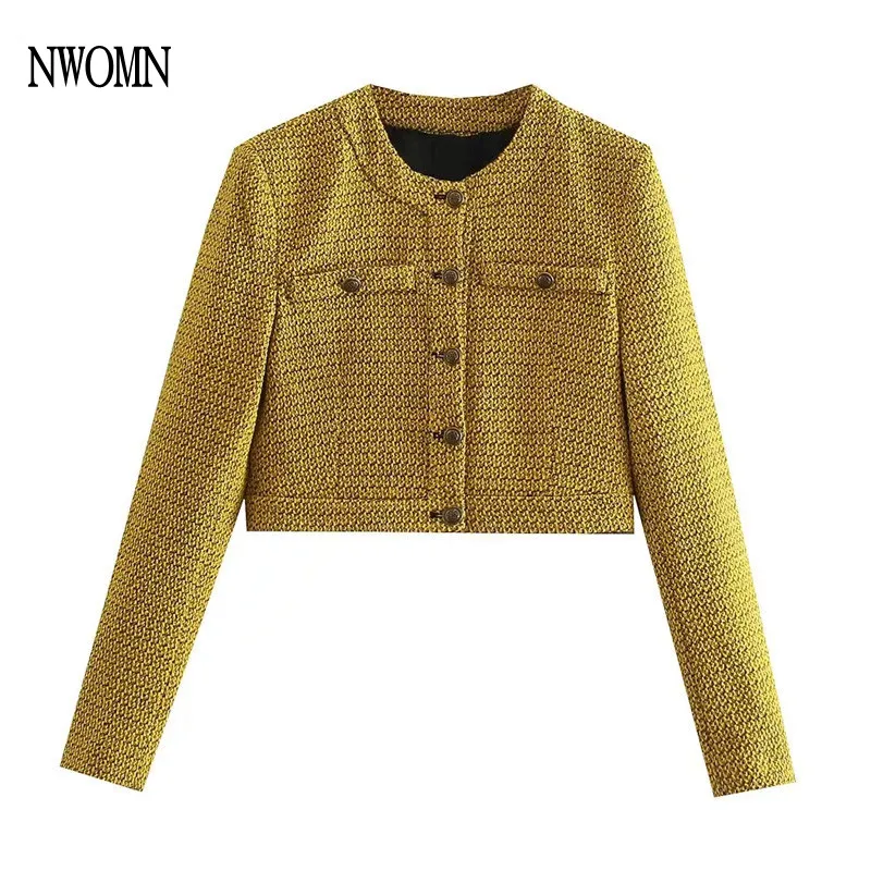 

NWOMN Za Woman Cropped Jacket 2021 Autumn Vintage Texture Long Sleeve Button Women Coat Elegant Office Female Outerwear Chic Top