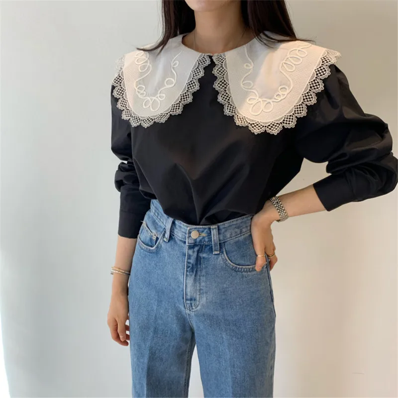 

RUGOD 2021 spring sweet temperament lapel lace shirt