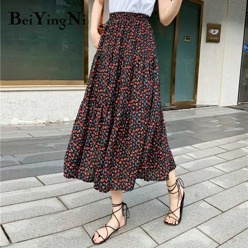 

Beiyingni Vintage Harajuku Pleated Midi Skirt Women Floral Print Fashion High Street Casual Long Black Skirts Retro Faldas Jupe