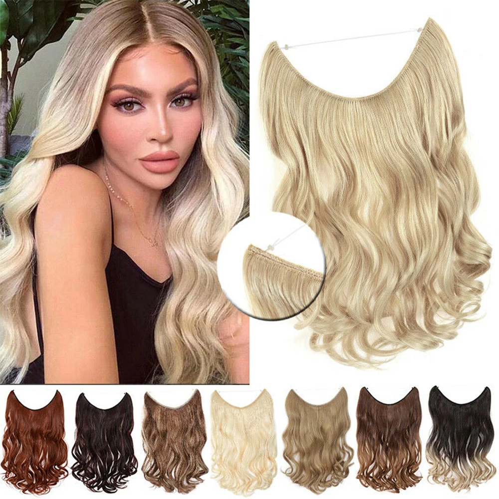 

Natural Synthetic Halo Hair Extensions No Clip In Artificial Fake Ombre Blonde Brown Black Pink Red Wavy False Hair Piece