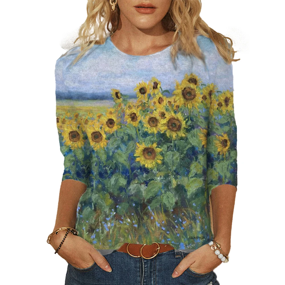 

Womens T Shirt 3/4 Sleeve Animals Flowers Printed O Neck Tops Sweatshirt Autumn Spring Casual Pullover Female T Shirt Tops