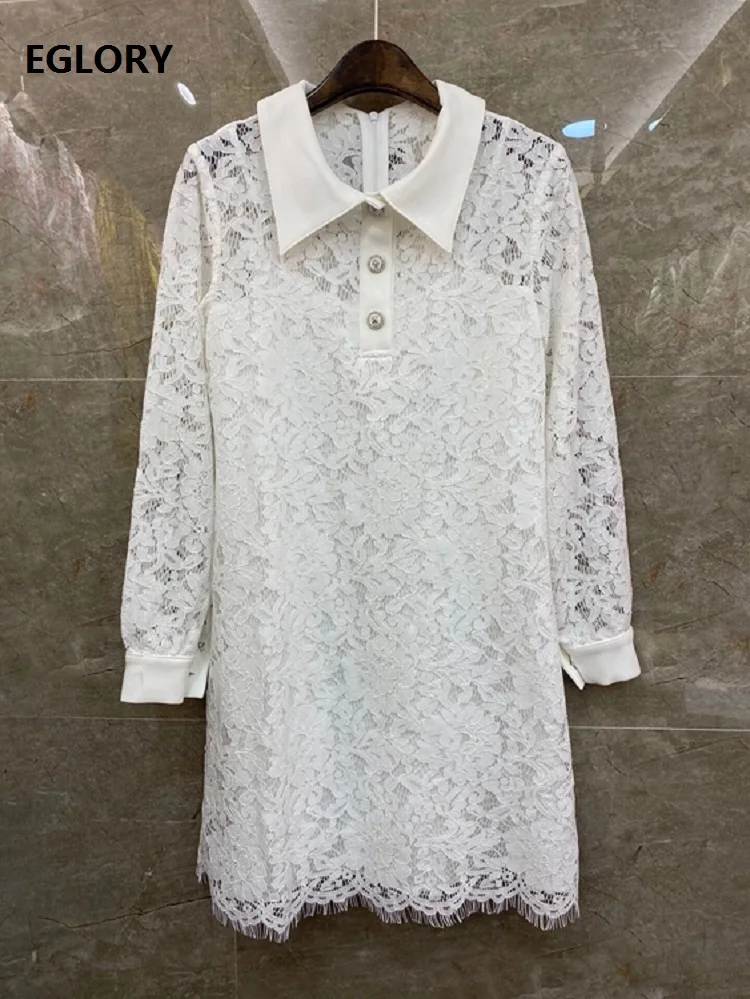 

Женское кружевное платье выше колена, элегантное весенне-летнее платье из сплава с отложным воротником и длинным рукавом, 2021
