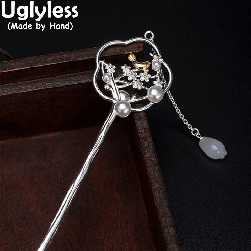 

Uglyless ранняя птица, лучше подходит для китайской фотолампы, украшения для волос для женщин, серебро 925 пробы, палочки для волос с нефритовым ж...