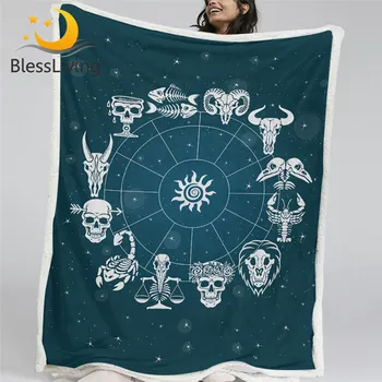 BlessLiving Skull Sherpa Fleece Blanket Constellation Throw Blanket Astrology Ecliptic Plush Bedspread Zodiac Scorpius Blanket 1