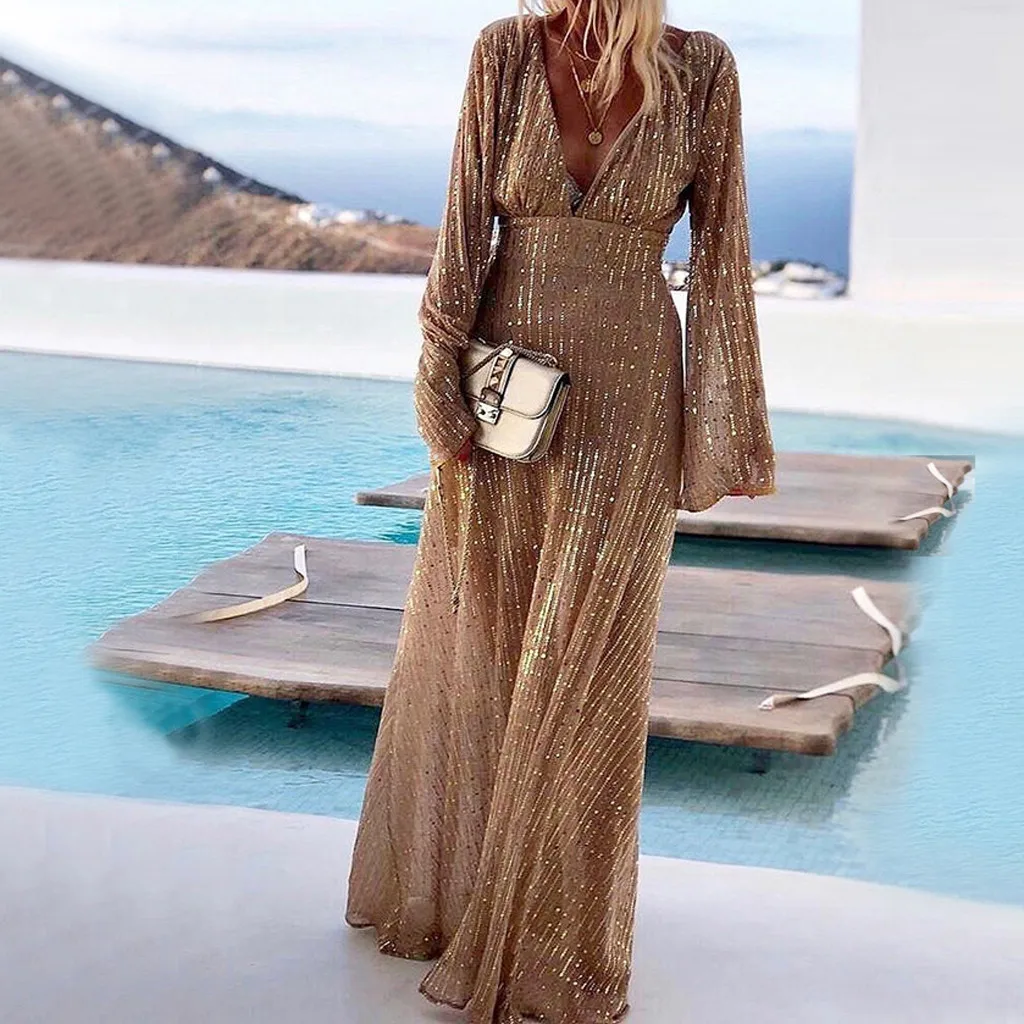 Женское сексуальное Макси платье с v-образным вырезом и длинным рукавом в полоску