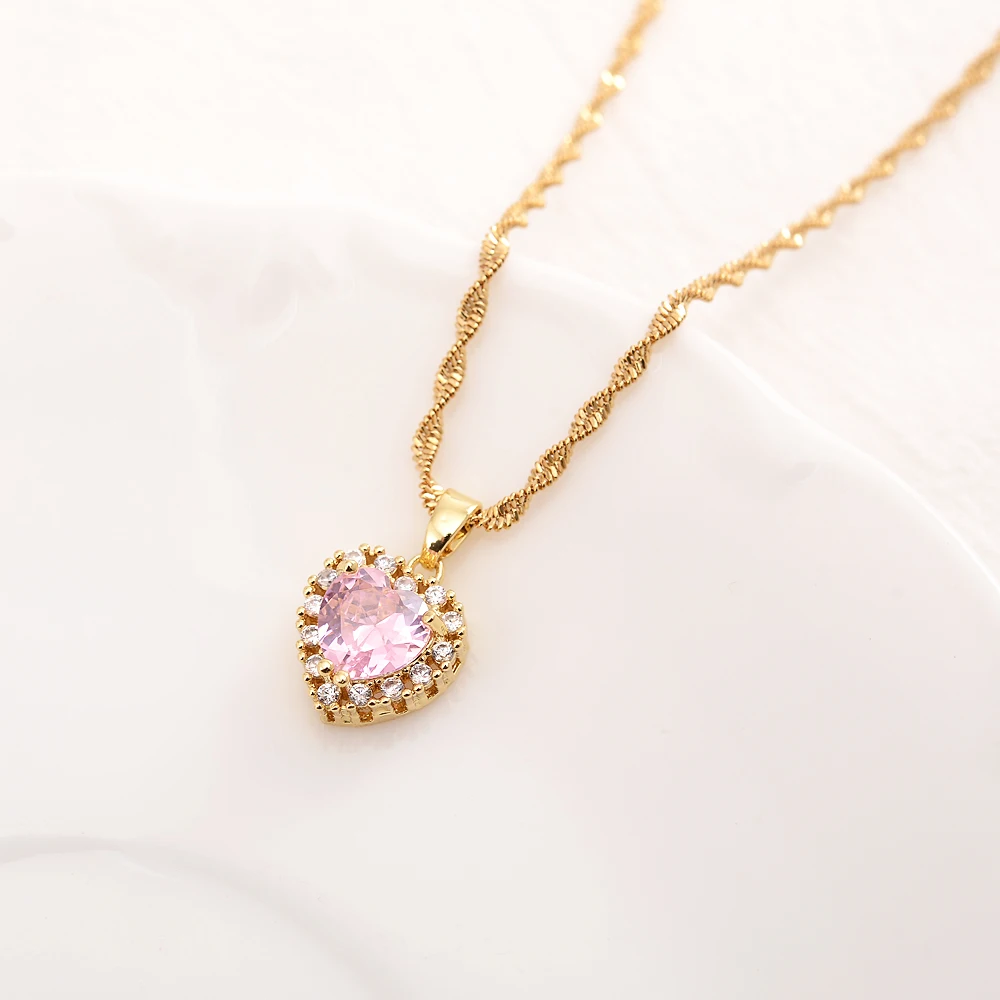 

New Woman Fashion Gold Color Cute Heart Pendant Necklace High Quality Pink Purple Crystal Zircon Hot Selling Jewelry