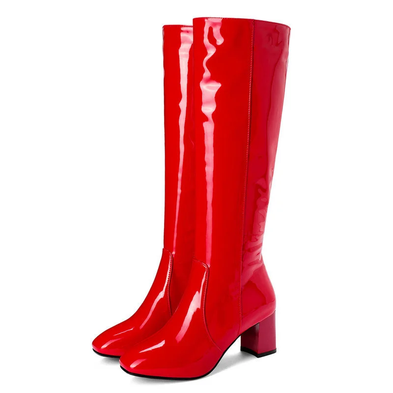 

Big patent leather high heeled boots trendy women's thick heeled thin leg boots stage performance knee high boots sexy night