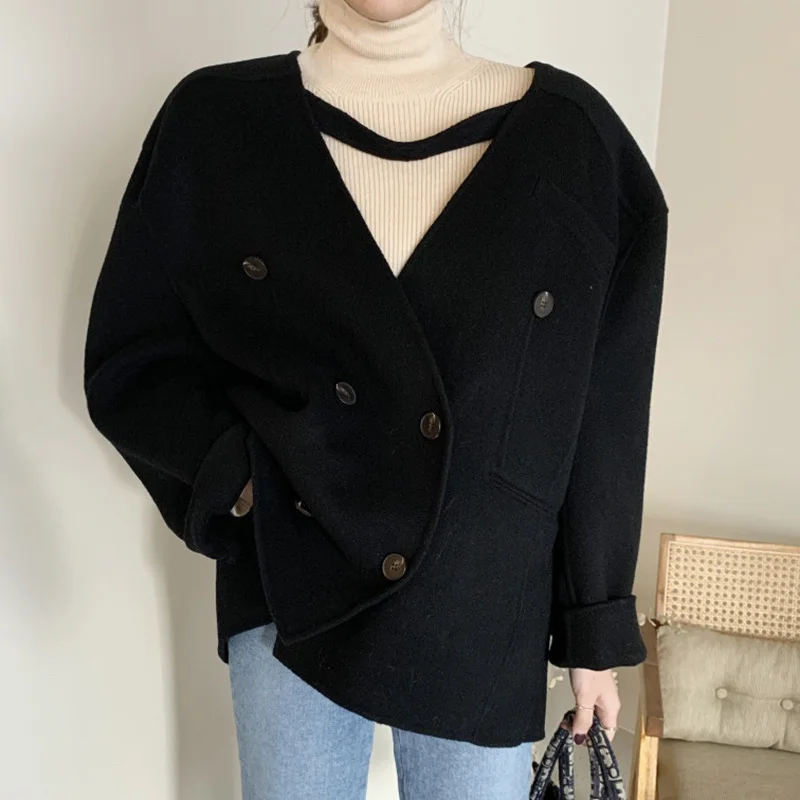 

Korea Chic Casual Trendy Women V-neck Solid Double-breasted Fashion Simple Long-sleeved Woolen Coat Autumn 2021 U237