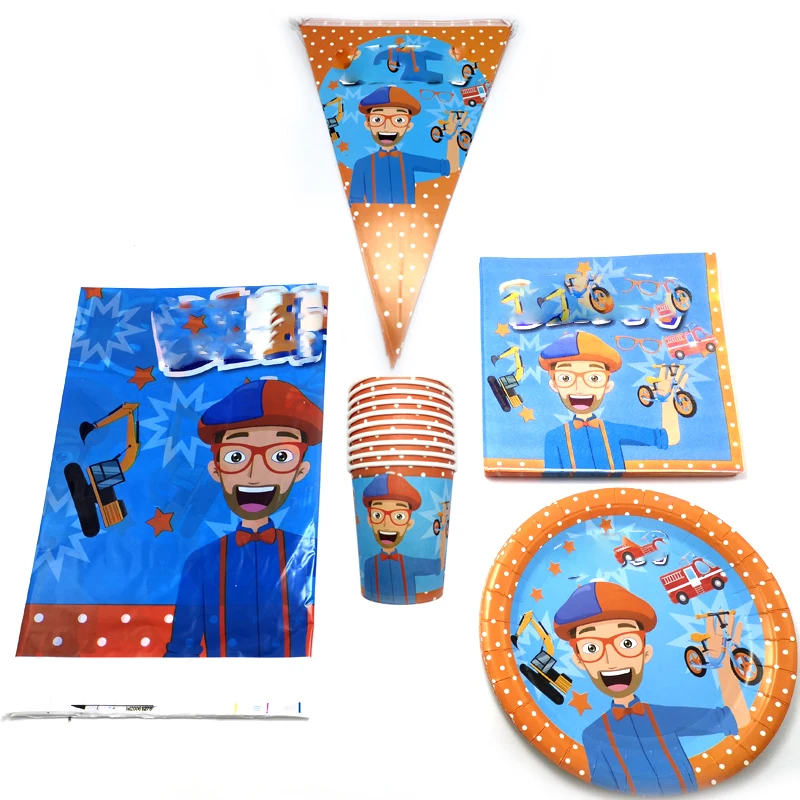 

Birthday Party Decoration Blippi Theme Tablecloth Plates Cups Hanging Banner Tableware Set Baby Shower Napkins Flags 51pcs/lot