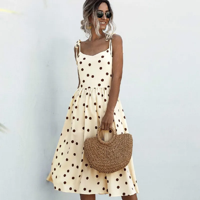 

2020 Spring and Summer Best Selling Suspender Lace-up Polka Dot Backless Dress