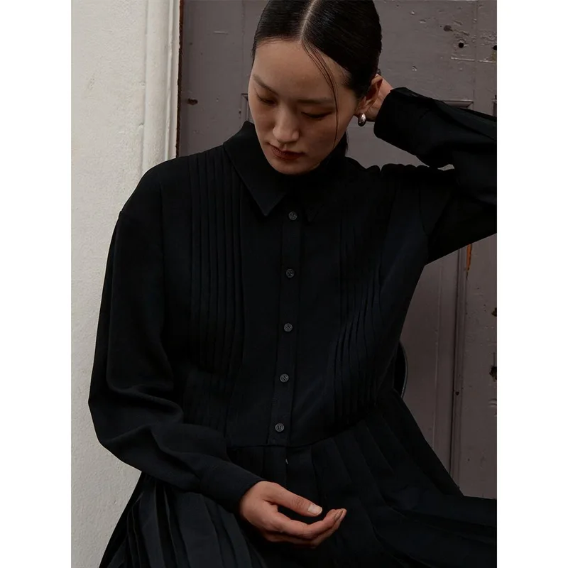 

2021 Spring Summer New Women Dress Pleated Temperament Commuter Long Sleeve Lapel Shirt Long Dress Women