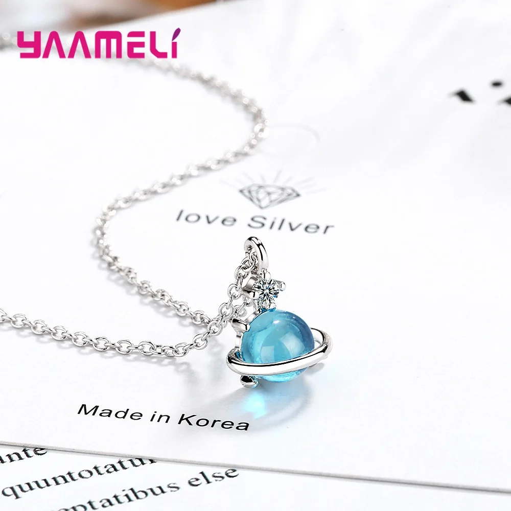 

925 Sterling Silver Necklace for Women Student Decoration Jewelry Blue African Crystal Earth and Star Charming Pendant/Chain