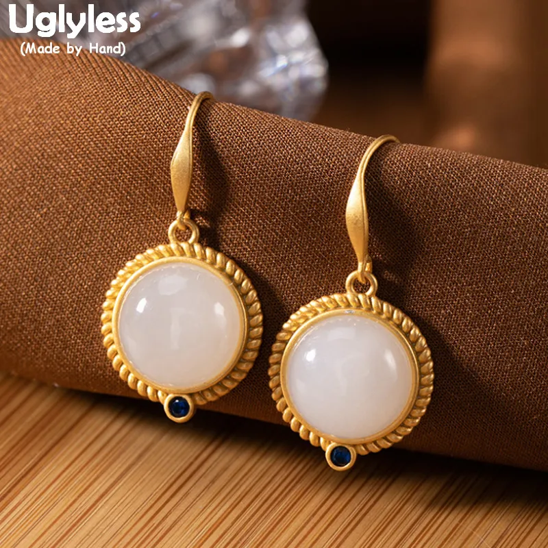 

Uglyless Twists Fashion Dress Earrings for Women Real 925 Silver Earrings Gold Natural Jade Gemstones Brincos Bijoux Vogue Jewel