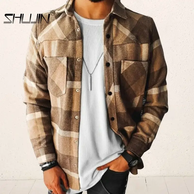 

Men Plaid Cardigan Shirt Spring Loose Lapel Pullover Top Stitching Color Comfoetable Breatheble Shirt Wild Pocket Streetwear