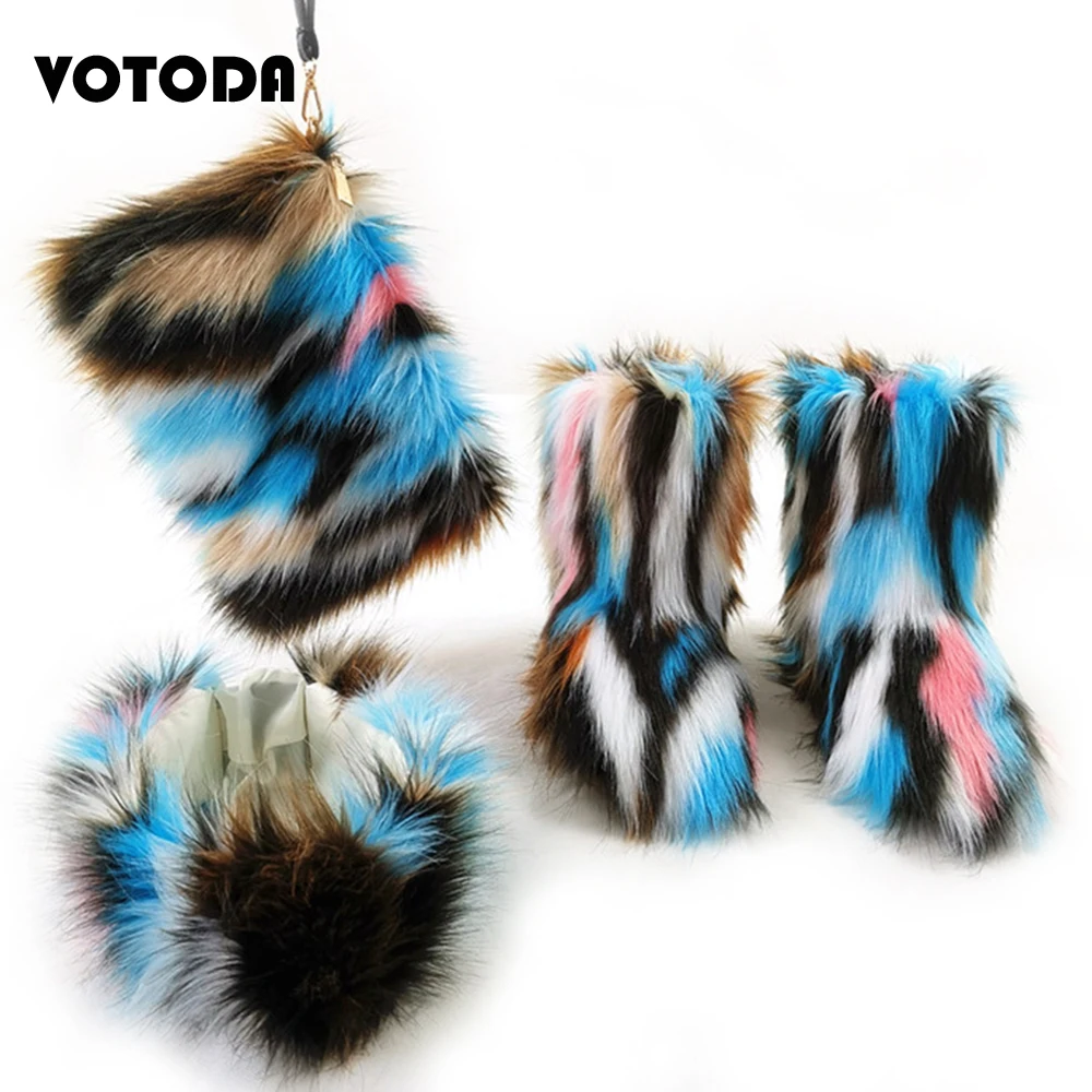 

Winter Warm Women Fur Snow Boots Set Fluffy Mixed Colour Handbag Faux Fox Hair Headband Female flat Ankle Boots Outdoor Shoes