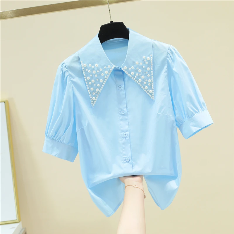 

beading turn down collar women blouse short puff sleeve fashion shirt